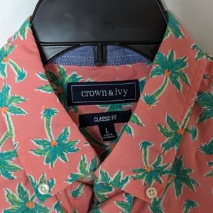 Crown & Ivy button down tropical print SS shirt sz L Pink Green Blue